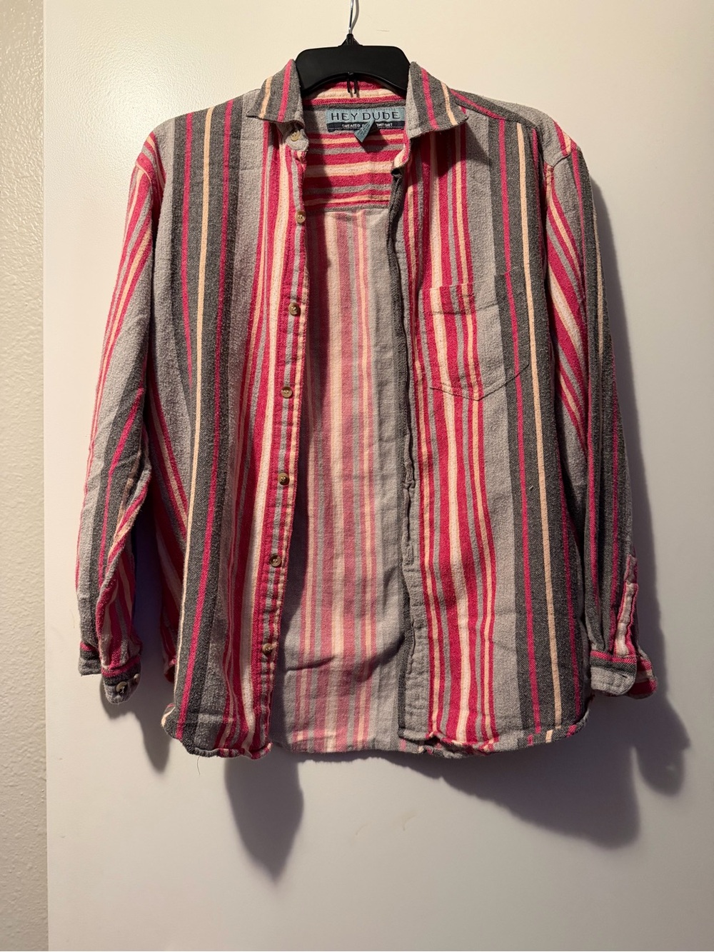 Hey Dude Pink and Gray Striped Casual Button-Down Shirt